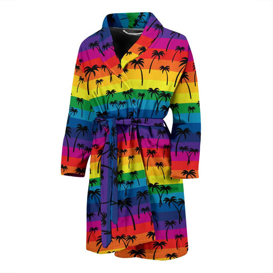 Palm Tree Rainbow Themed Print Men Bath Robe-JTAMIGO.COM