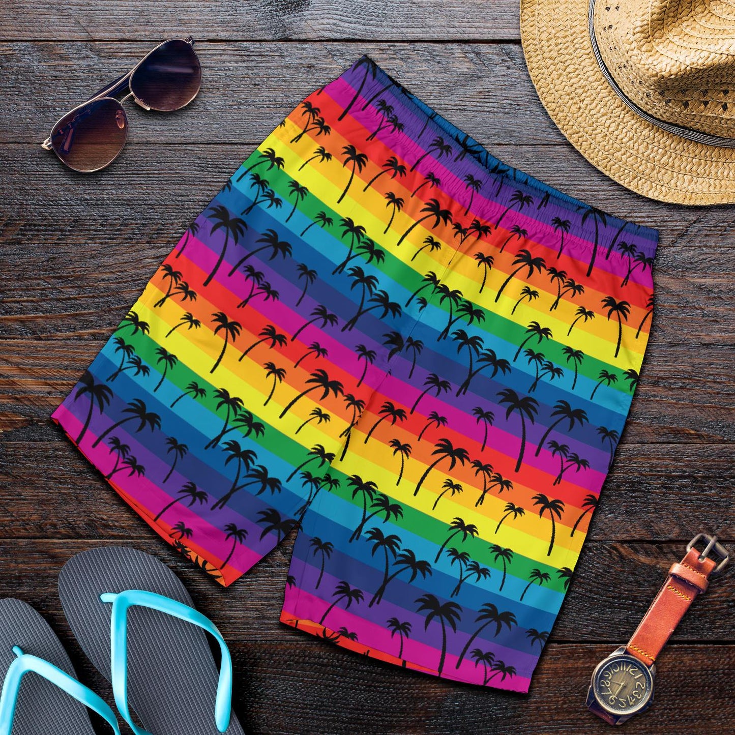 Palm Tree Rainbow Themed Print Mens Shorts-JTAMIGO.COM