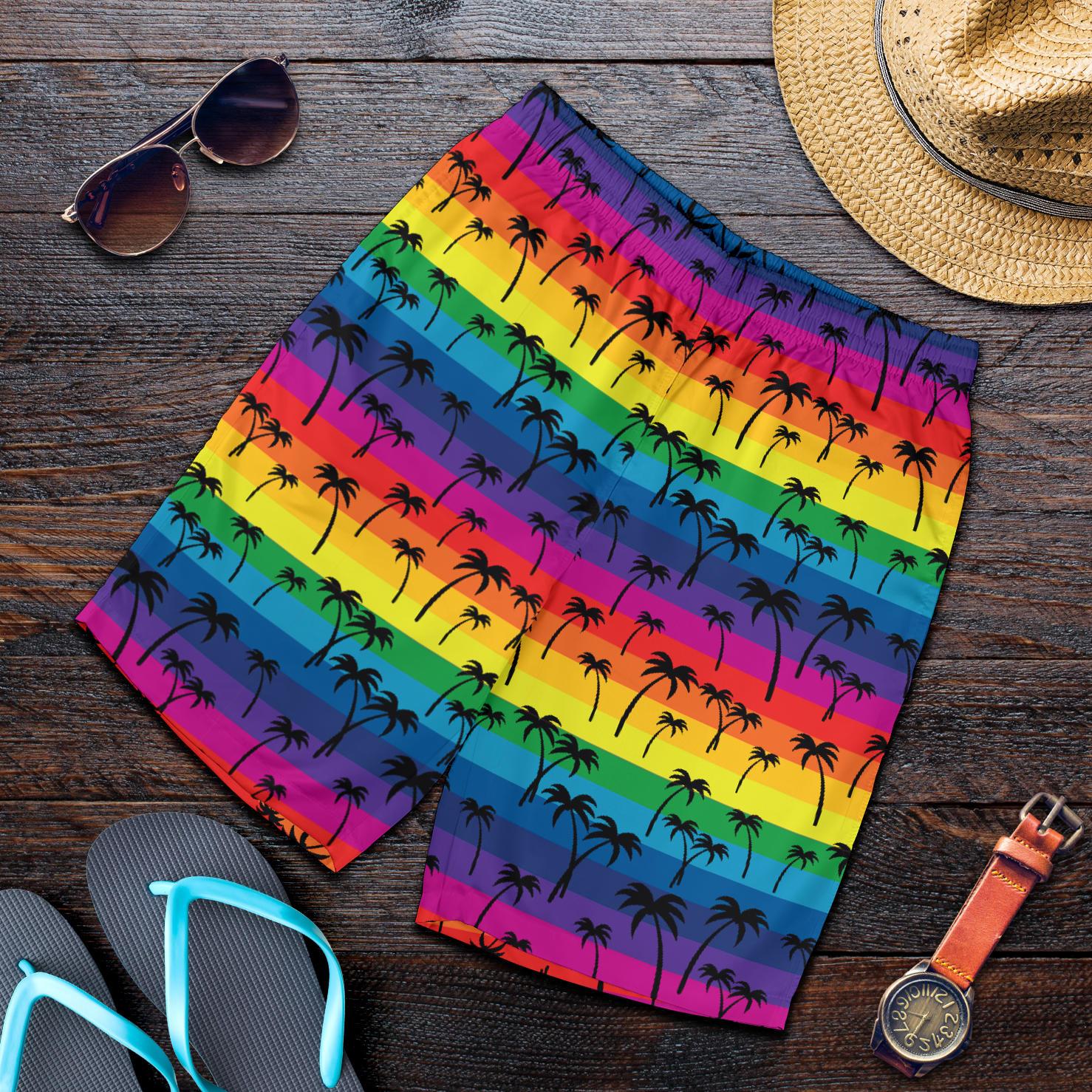 Palm Tree Rainbow Themed Print Mens Shorts-JTAMIGO.COM