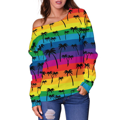 Palm Tree Rainbow Themed Print Off Shoulder Sweatshirt