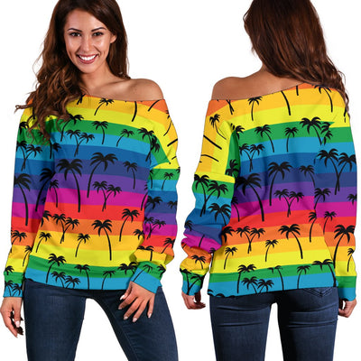 Palm Tree Rainbow Themed Print Off Shoulder Sweatshirt