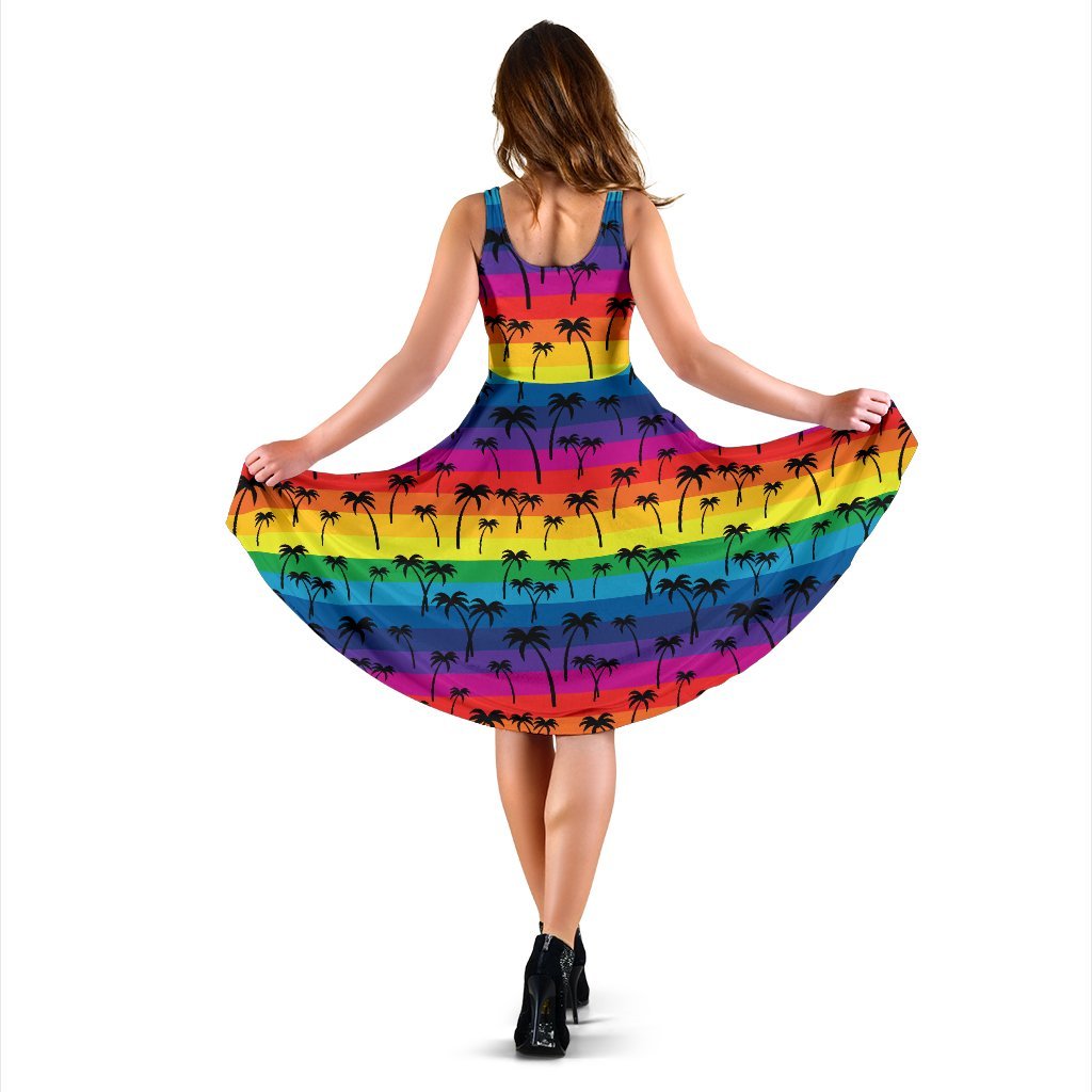Palm Tree Rainbow Themed Print Sleeveless Dress
