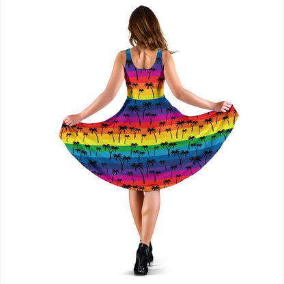 Palm Tree Rainbow Themed Print Sleeveless Dress