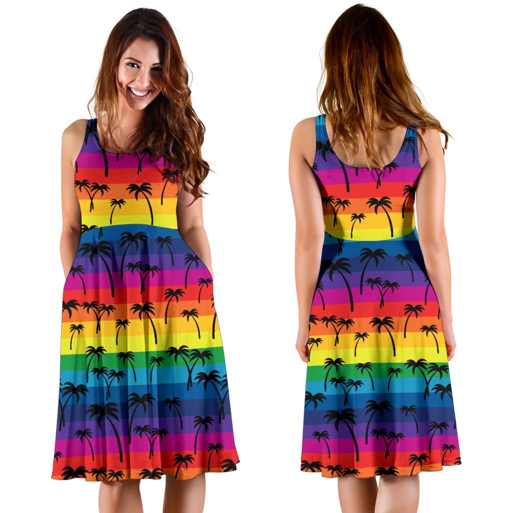Palm Tree Rainbow Themed Print Sleeveless Dress