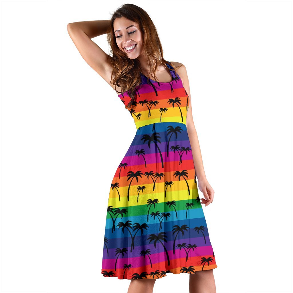 Palm Tree Rainbow Themed Print Sleeveless Dress