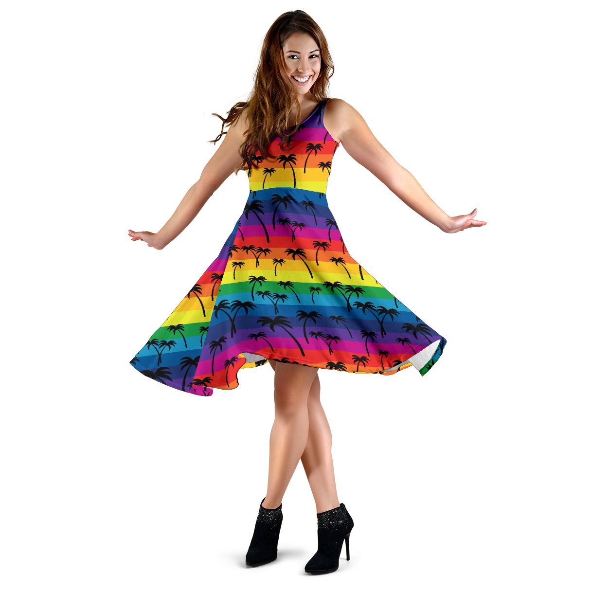 Palm Tree Rainbow Themed Print Sleeveless Dress