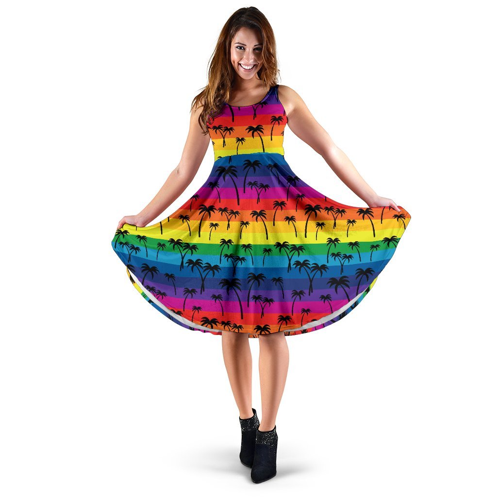 Palm Tree Rainbow Themed Print Sleeveless Dress