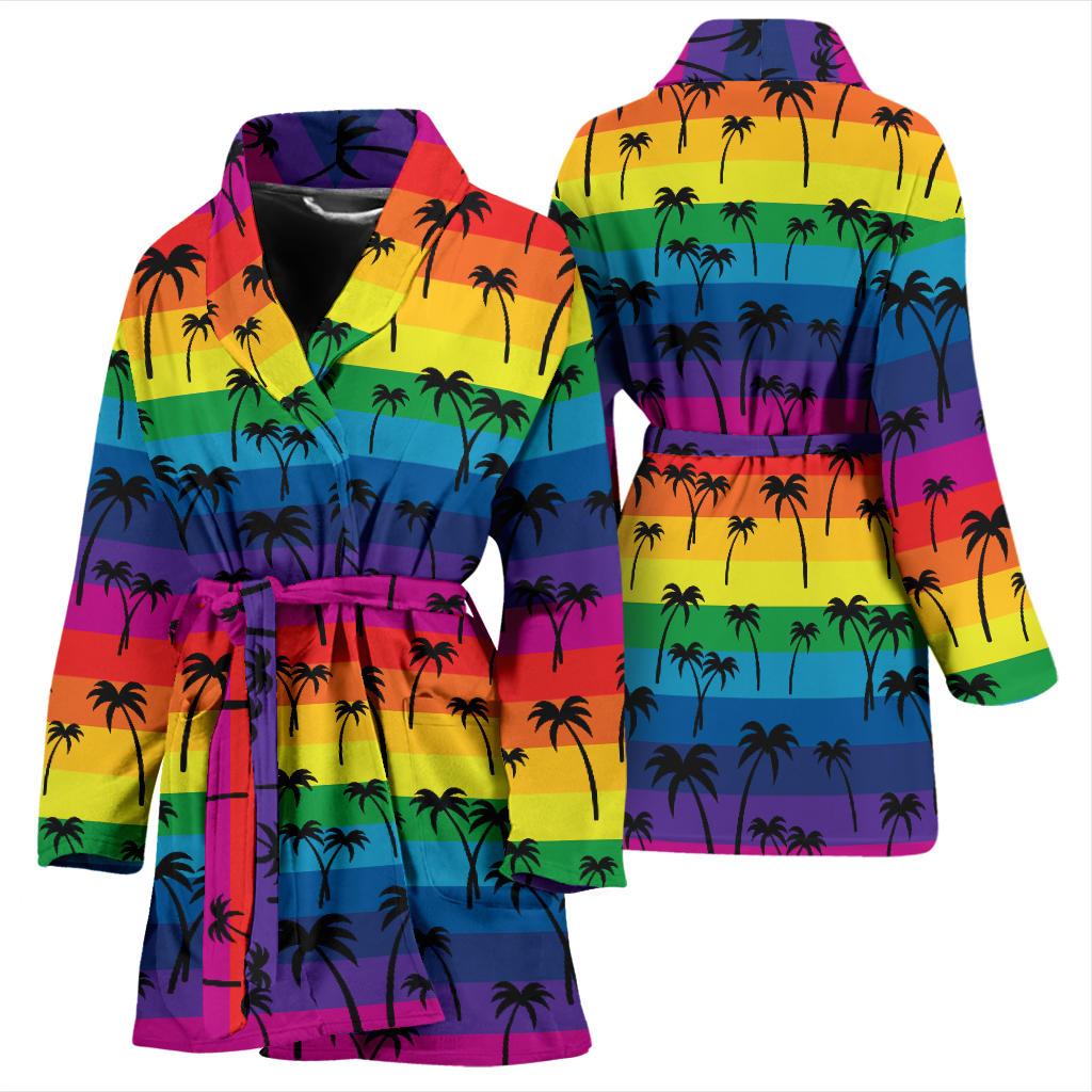 Palm Tree Rainbow Themed Print Women Bath Robe-JTAMIGO.COM