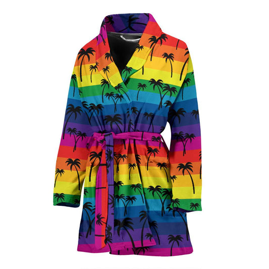 Palm Tree Rainbow Themed Print Women Bath Robe-JTAMIGO.COM