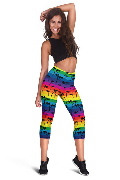 Palm Tree Rainbow Themed Print Women Capris