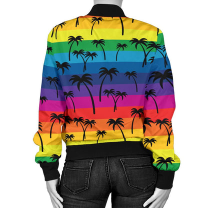 Palm Tree Rainbow Themed Print Women Casual Bomber Jacket