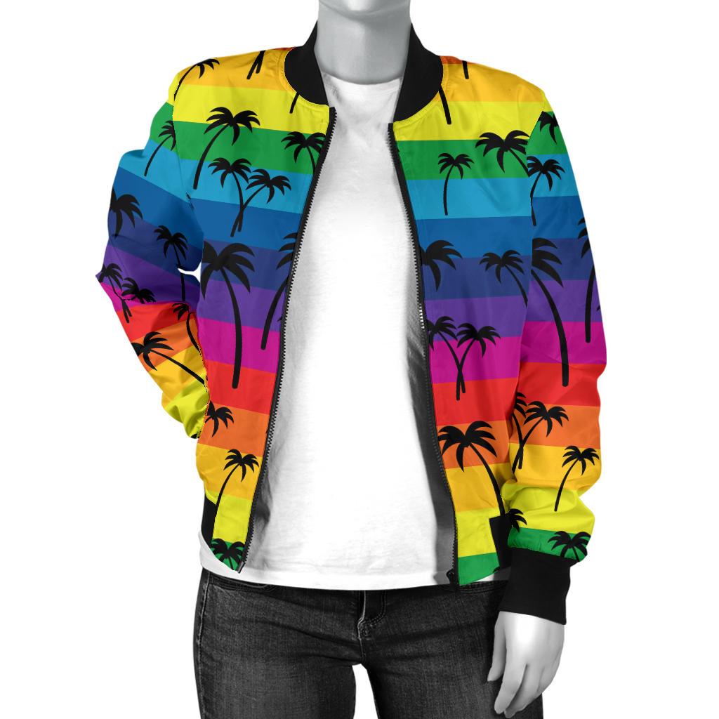 Palm Tree Rainbow Themed Print Women Casual Bomber Jacket