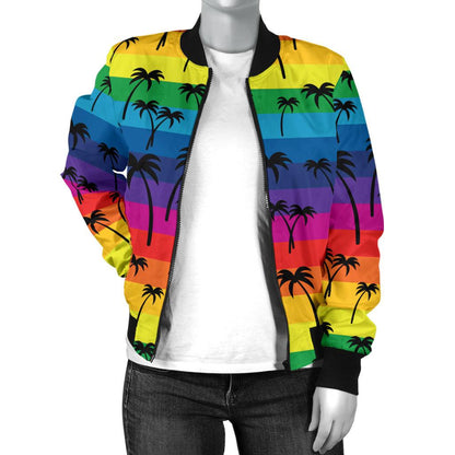 Palm Tree Rainbow Themed Print Women Casual Bomber Jacket