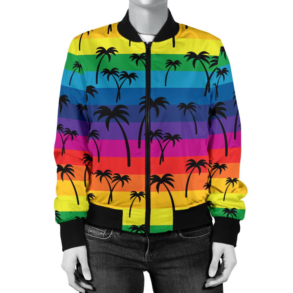 Palm Tree Rainbow Themed Print Women Casual Bomber Jacket