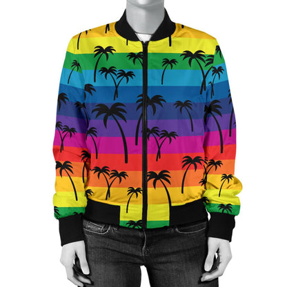 Palm Tree Rainbow Themed Print Women Casual Bomber Jacket
