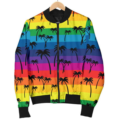 Palm Tree Rainbow Themed Print Women Casual Bomber Jacket