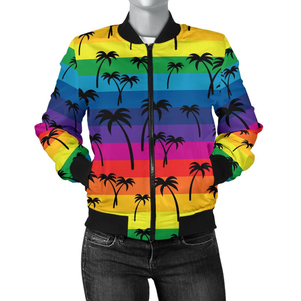 Palm Tree Rainbow Themed Print Women Casual Bomber Jacket