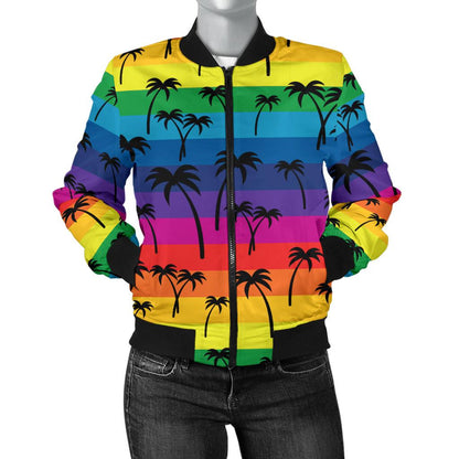Palm Tree Rainbow Themed Print Women Casual Bomber Jacket