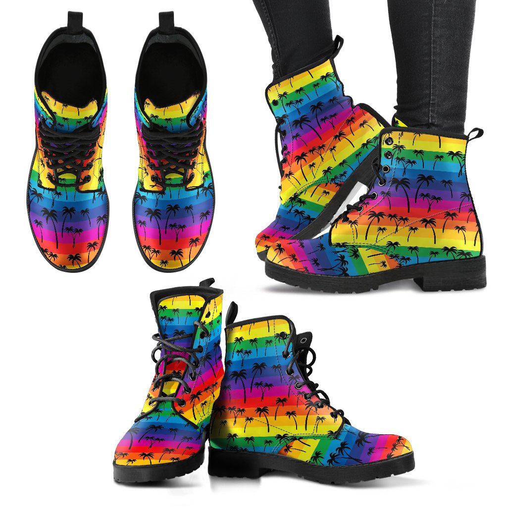 Palm Tree Rainbow Themed Print Women Leather Boots-JTAMIGO.COM