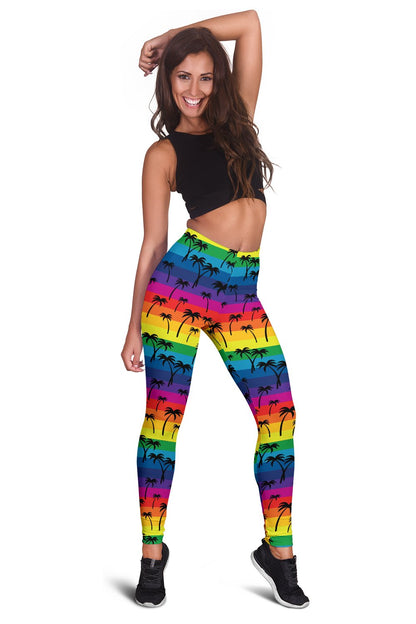 Palm Tree Rainbow Themed Print Women Leggings