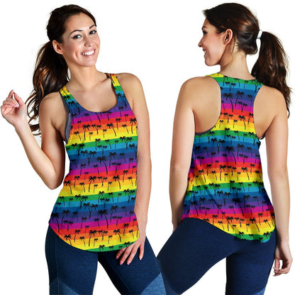 Palm Tree Rainbow Themed Print Women Racerback Tank Top