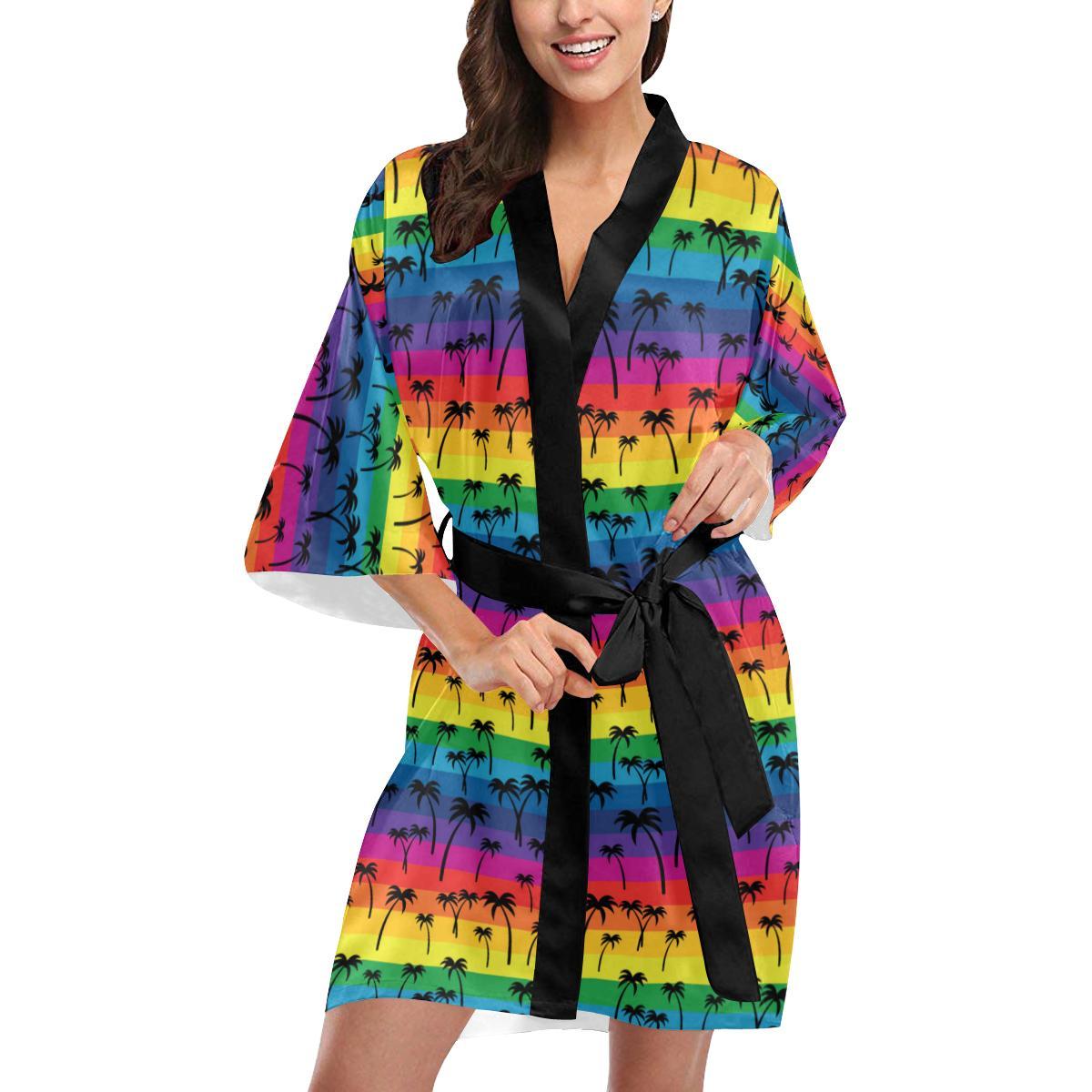 Palm Tree Rainbow Themed Print Women Short Kimono Robe