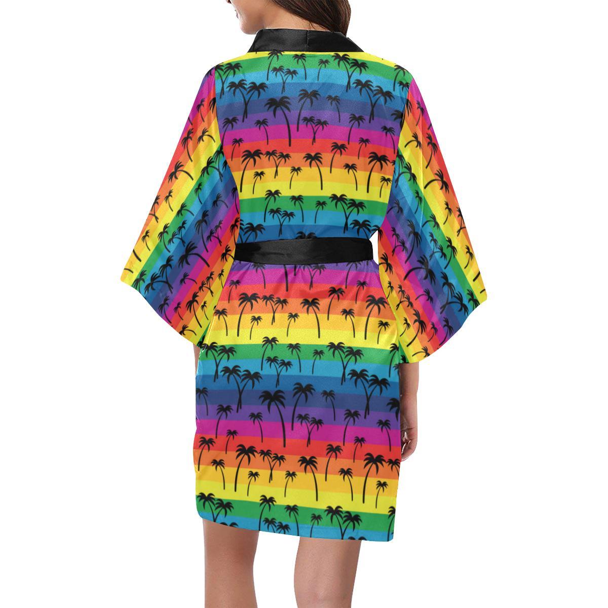 Palm Tree Rainbow Themed Print Women Short Kimono Robe