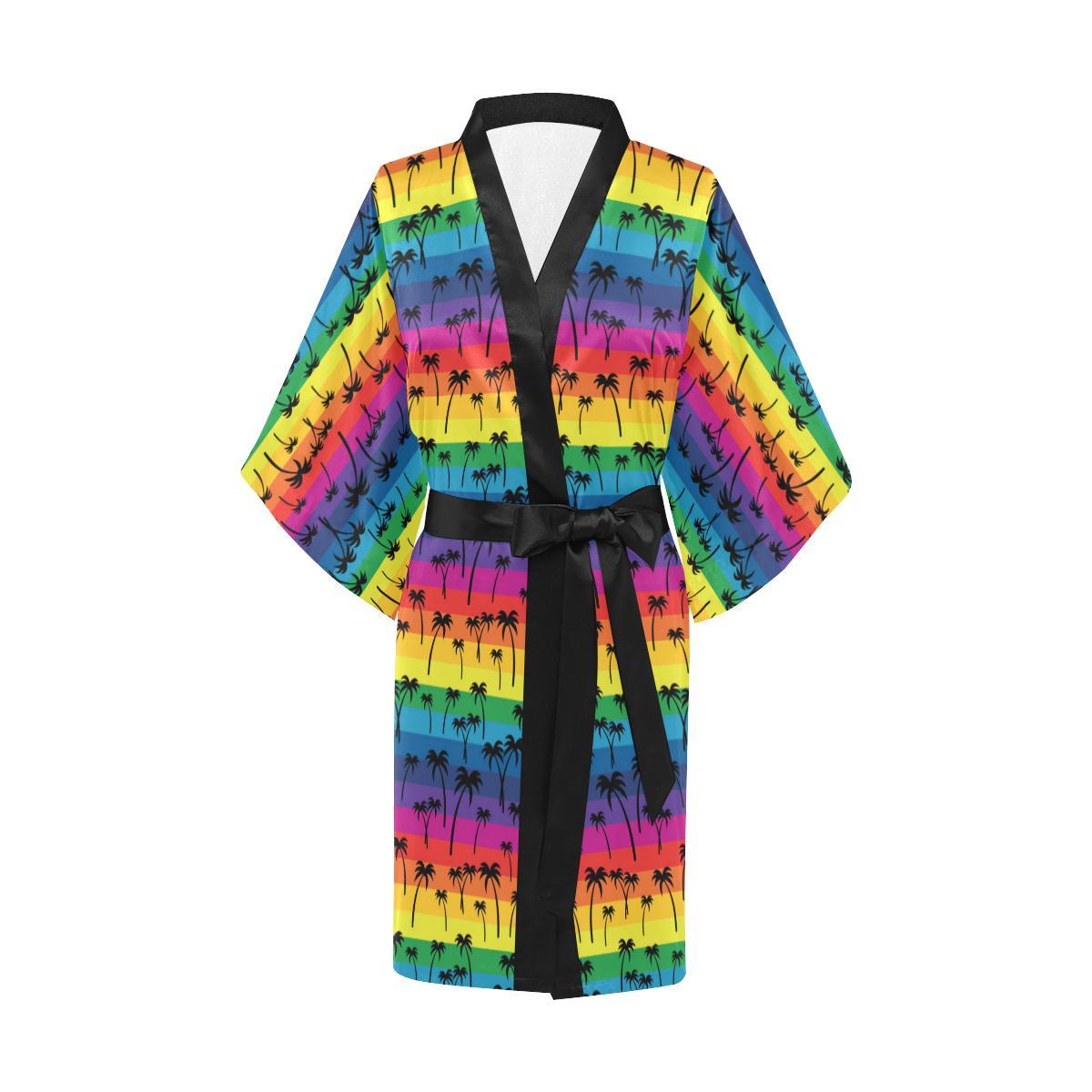 Palm Tree Rainbow Themed Print Women Short Kimono Robe