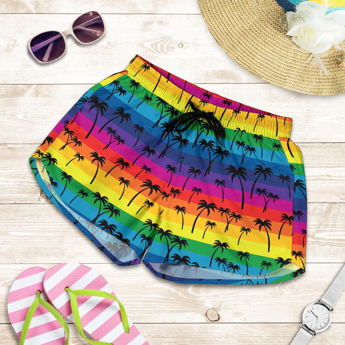 Palm Tree Rainbow Themed Print Women Shorts-JTAMIGO.COM