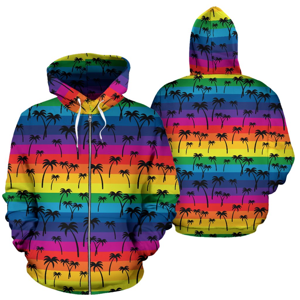 Palm Tree Rainbow Themed Print Zip Up Hoodie