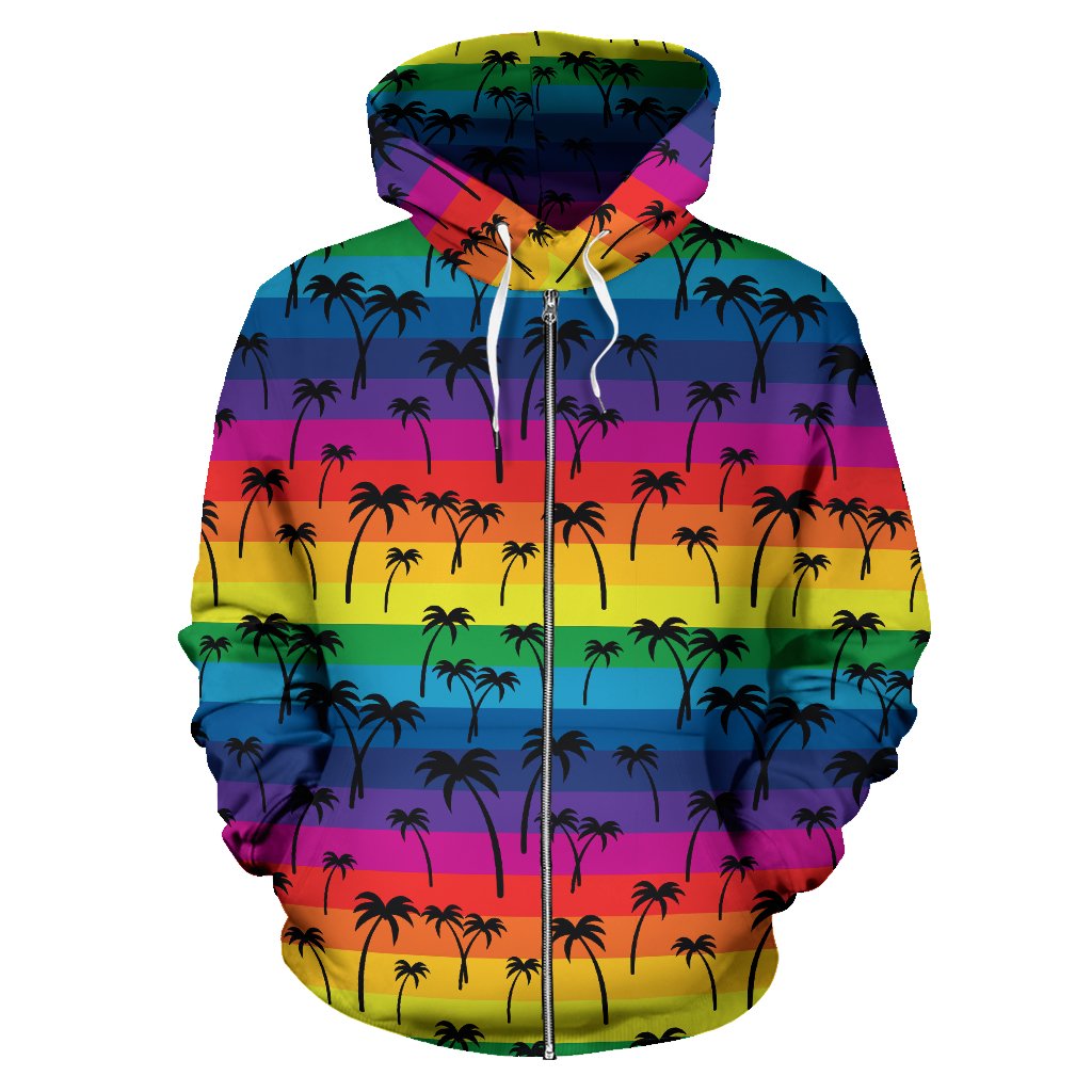 Palm Tree Rainbow Themed Print Zip Up Hoodie