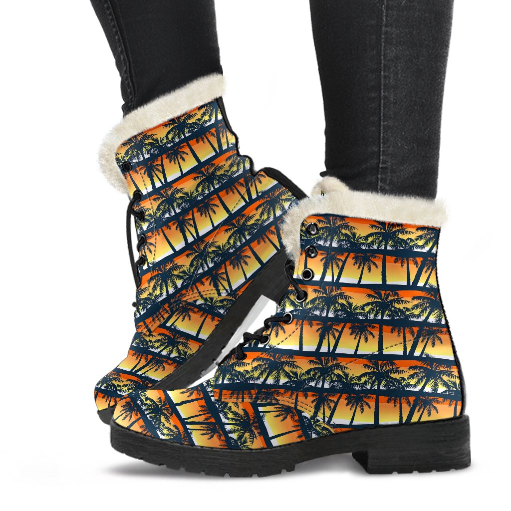 Palm Tree Sunset Design Print Faux Fur Leather Boots-JTAMIGO.COM