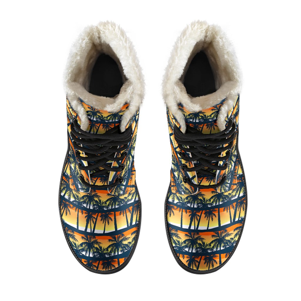Palm Tree Sunset Design Print Faux Fur Leather Boots-JTAMIGO.COM