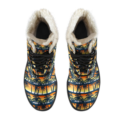 Palm Tree Sunset Design Print Faux Fur Leather Boots-JTAMIGO.COM