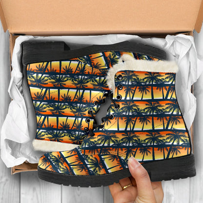 Palm Tree Sunset Design Print Faux Fur Leather Boots-JTAMIGO.COM