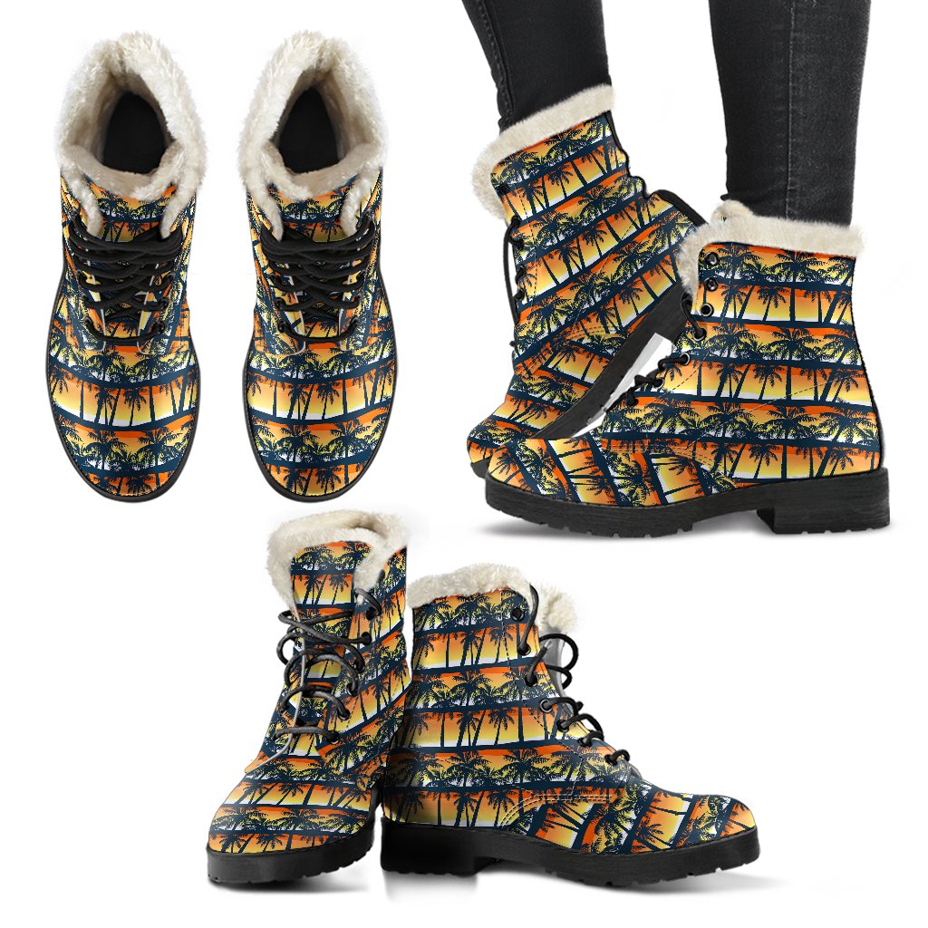 Palm Tree Sunset Design Print Faux Fur Leather Boots-JTAMIGO.COM