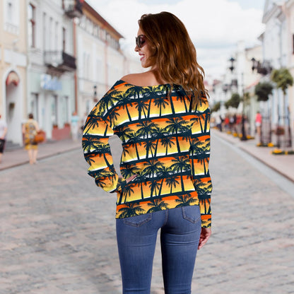 Palm Tree Sunset Design Print Off Shoulder Sweatshirt