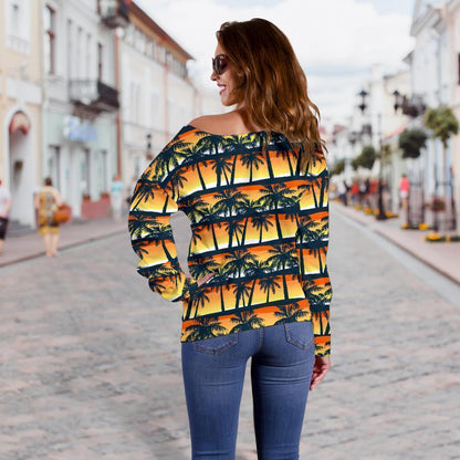 Palm Tree Sunset Design Print Off Shoulder Sweatshirt