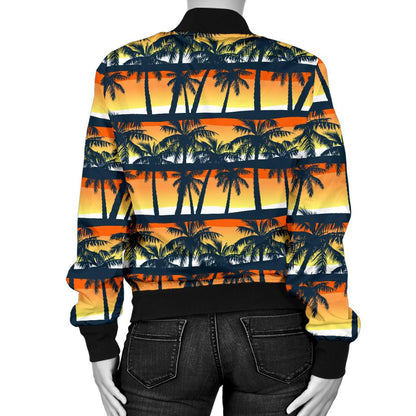 Palm Tree Sunset Design Print Women Casual Bomber Jacket