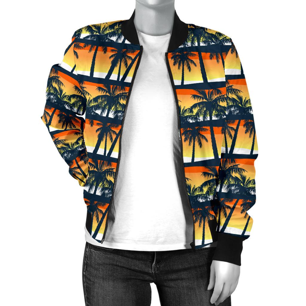 Palm Tree Sunset Design Print Women Casual Bomber Jacket