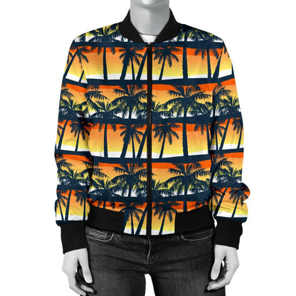 Palm Tree Sunset Design Print Women Casual Bomber Jacket