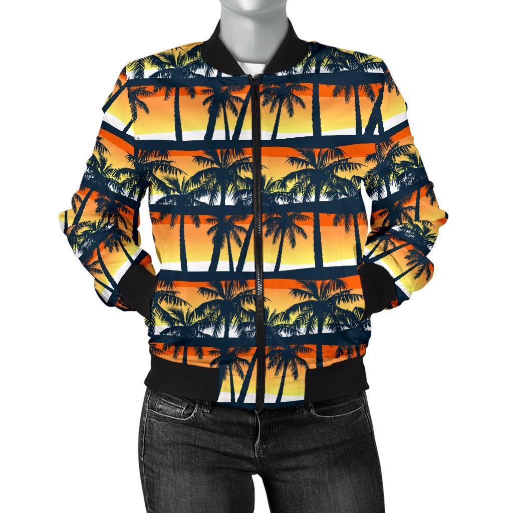 Palm Tree Sunset Design Print Women Casual Bomber Jacket