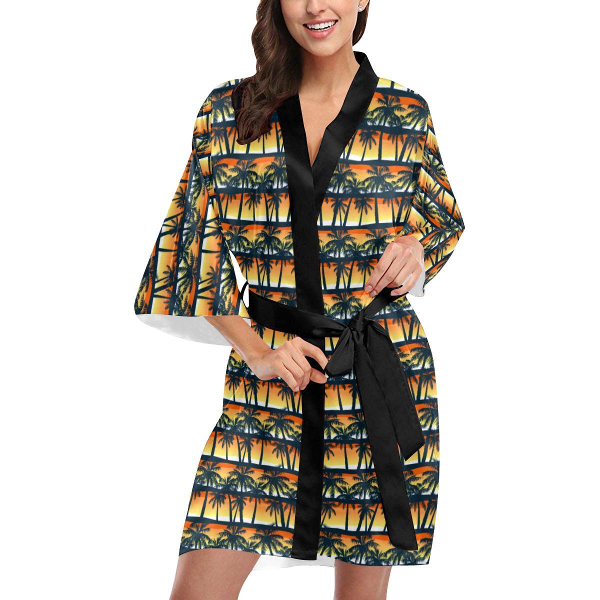 Palm Tree Sunset Design Print Women Short Kimono Robe