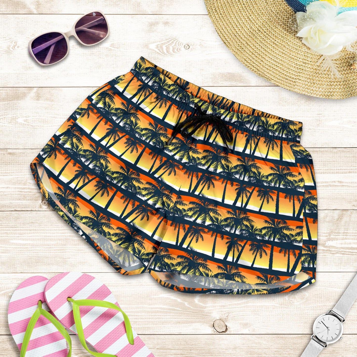 Palm Tree Sunset Design Print Women Shorts-JTAMIGO.COM