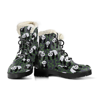 Panda Bear Bamboo Themed Print Faux Fur Leather Boots-JTAMIGO.COM