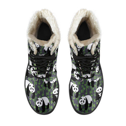Panda Bear Bamboo Themed Print Faux Fur Leather Boots-JTAMIGO.COM