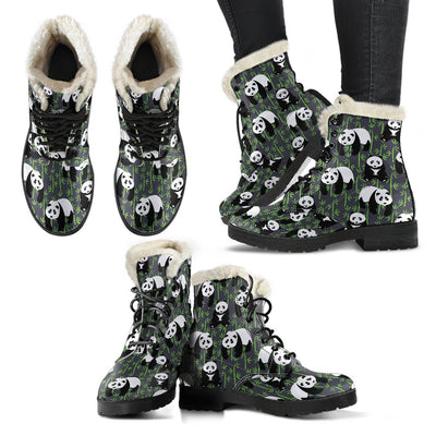 Panda Bear Bamboo Themed Print Faux Fur Leather Boots-JTAMIGO.COM