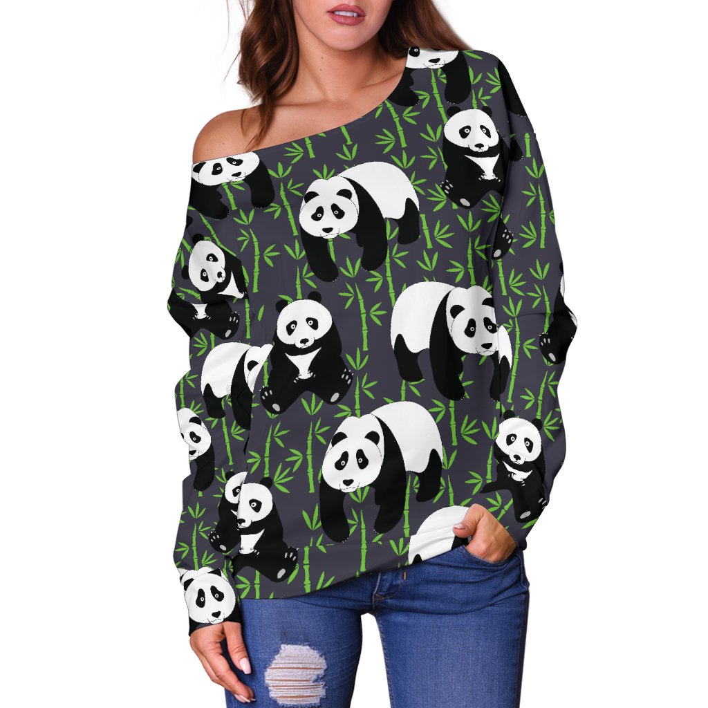 Panda Bear Bamboo Themed Print Off Shoulder Sweatshirt
