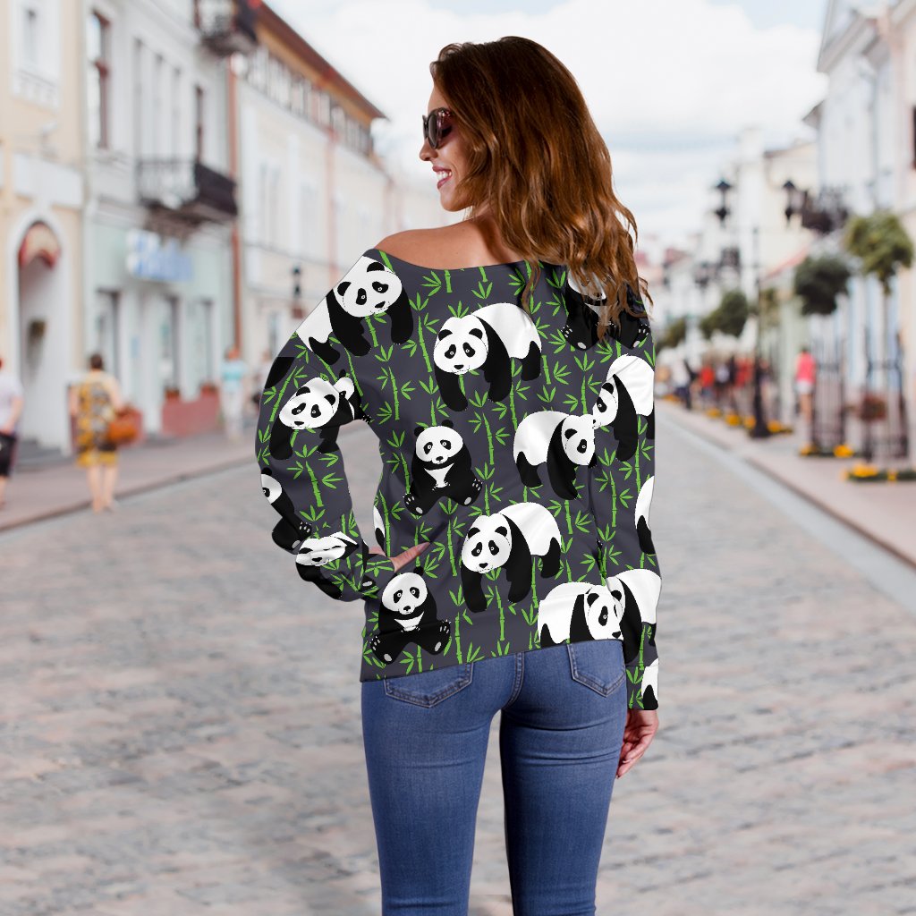 Panda Bear Bamboo Themed Print Off Shoulder Sweatshirt