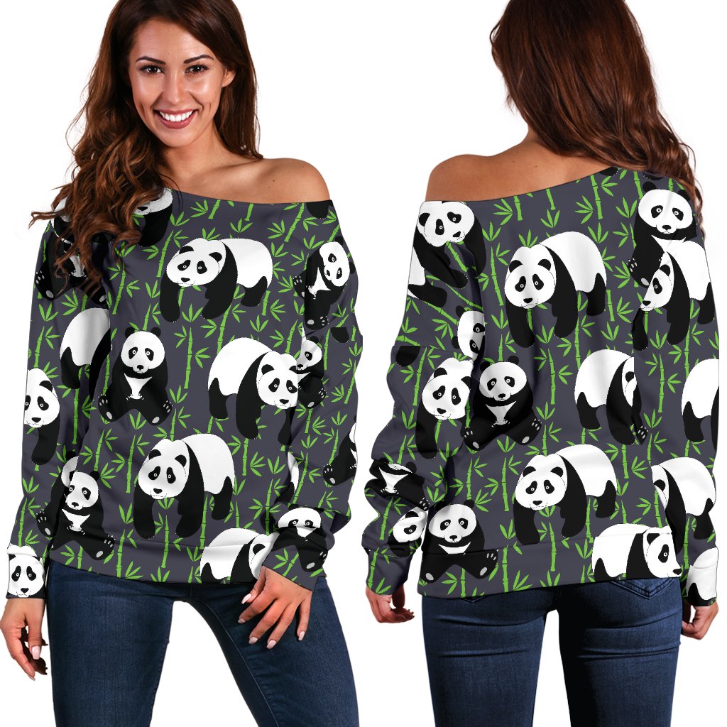 Panda Bear Bamboo Themed Print Off Shoulder Sweatshirt